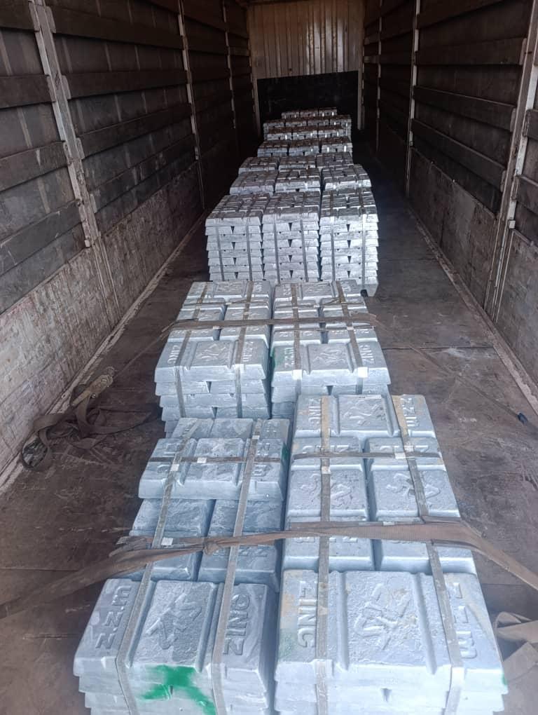 Zinc ingots stacked inside a shipping container