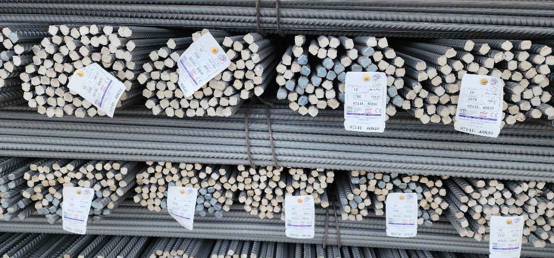 Close-up of bundled rebar with tags